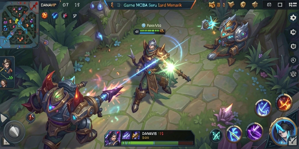 Screenshot menunjukkan karakter beraksi dalam pertempuran MOBA.