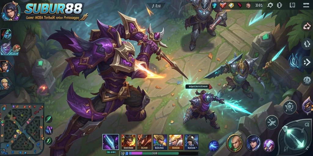 Screenshot gameplay SUBUR88 saat karakter bertarung di arena MOBA.