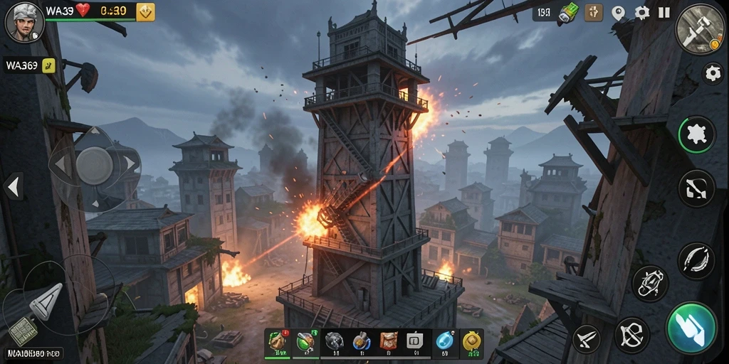 Screenshot gameplay WA369 menampilkan aksi menara pertahanan yang intens.